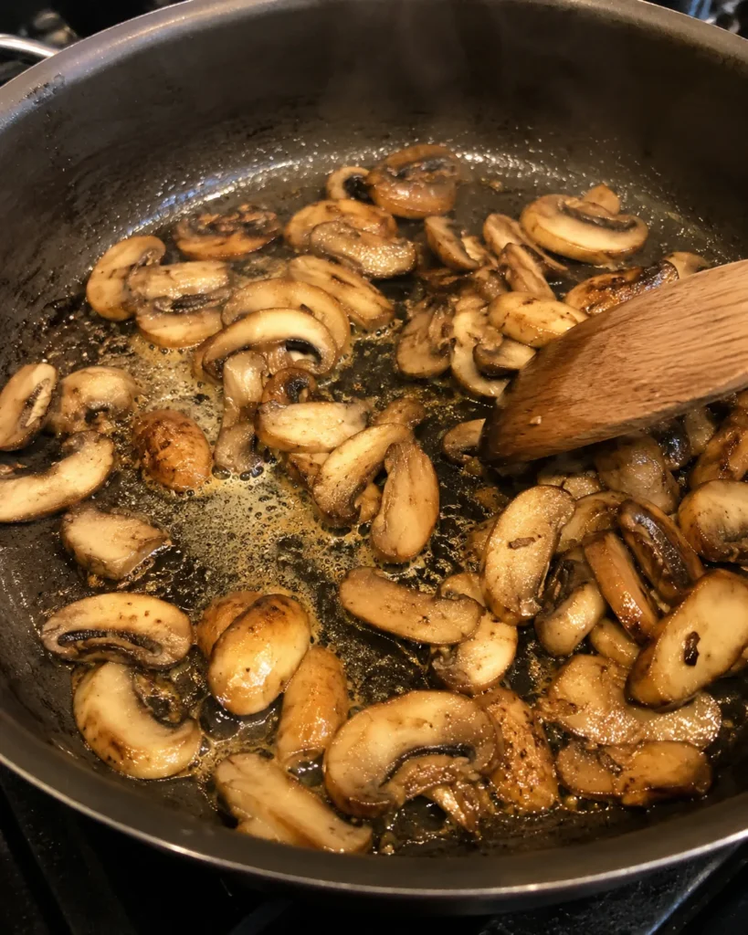 Mushrooms cooking in a skillet for Chicken Marsala sauce