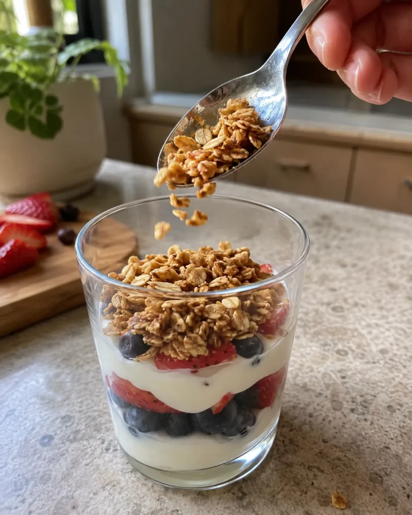 Adding granola to a Fruit & Yogurt Parfait as the final layer