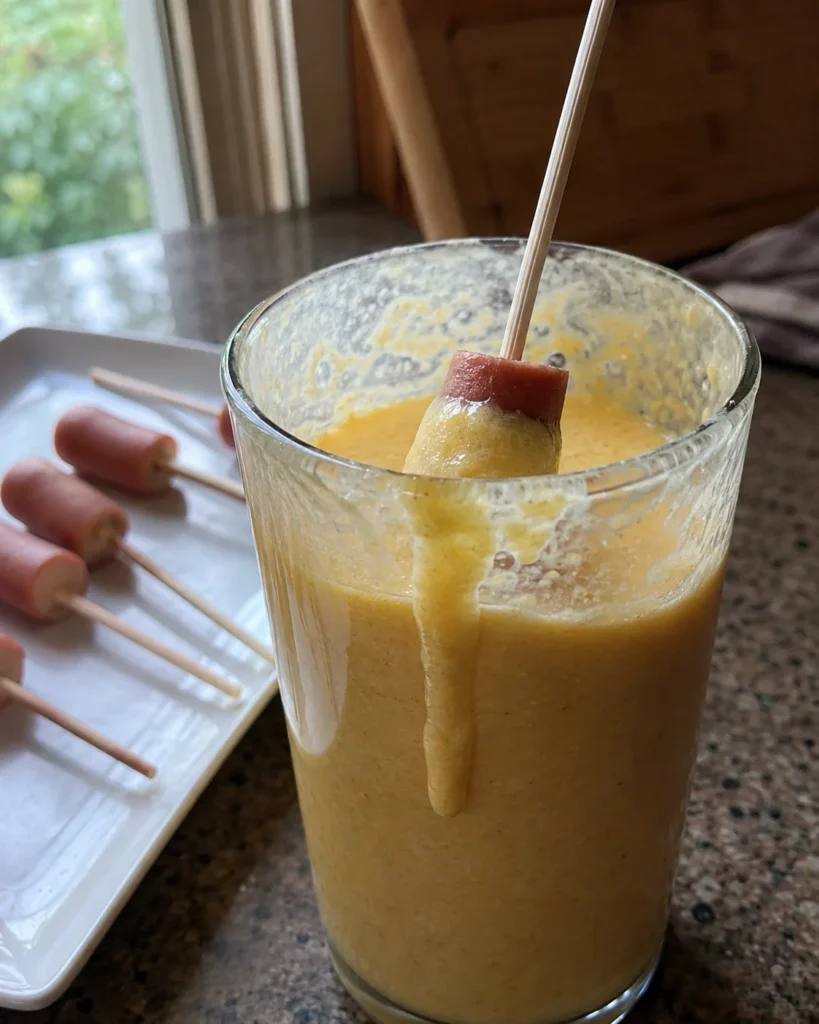Dipping a hot dog piece into cornmeal batter for Mini Corn Dog Pops