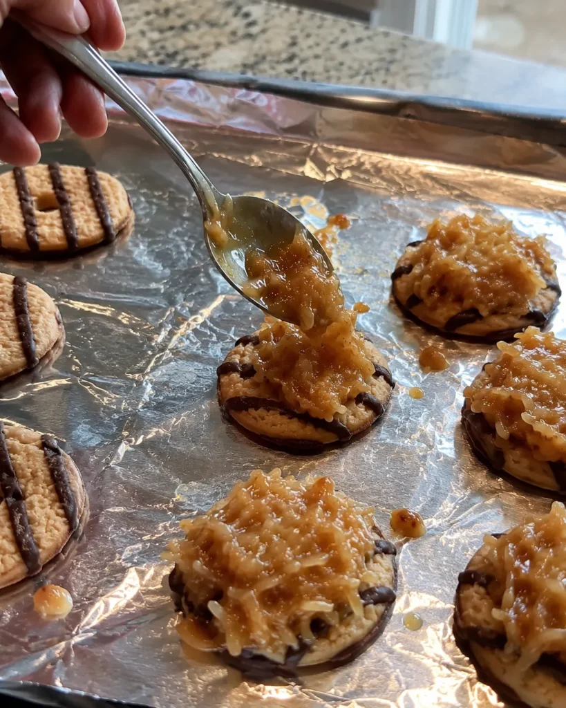 Spooning caramel coconut topping onto a No-Bake Samoa Cookies base