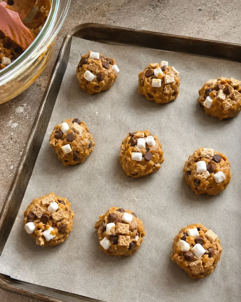 Pumpkin S'mores Cookies dough balls with marshmallow and chocolate before baking