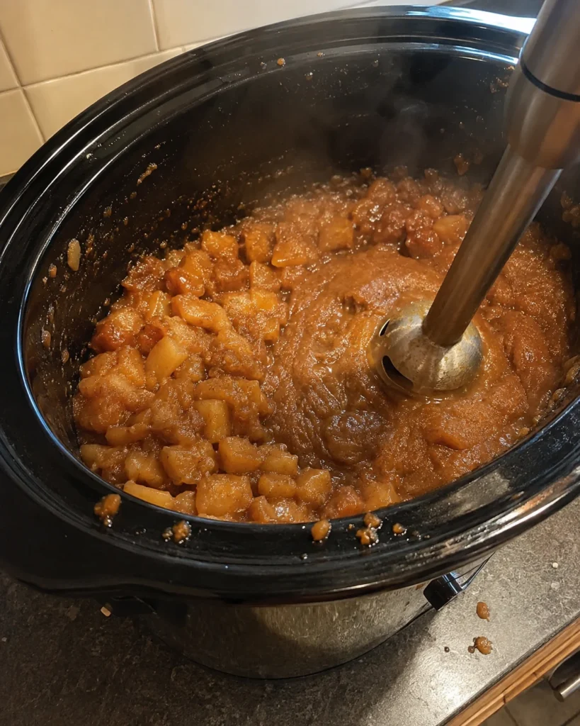 Blending Slow Cooker Apple Butter with an immersion blender