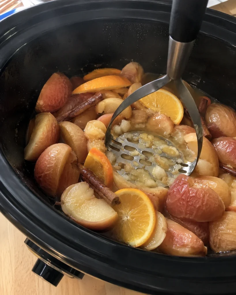 Mashing softened apples for Slow Cooker Apple Cider in the pot