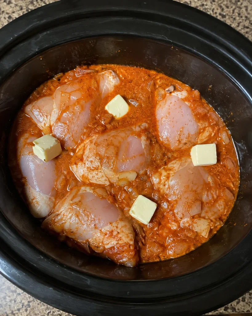 Raw chicken thighs in tomato sauce before slow cooking butter chicken