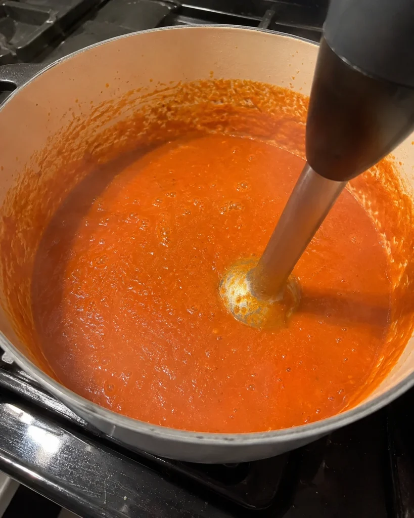 Blending Tomato Basil Soup until smooth in the pot