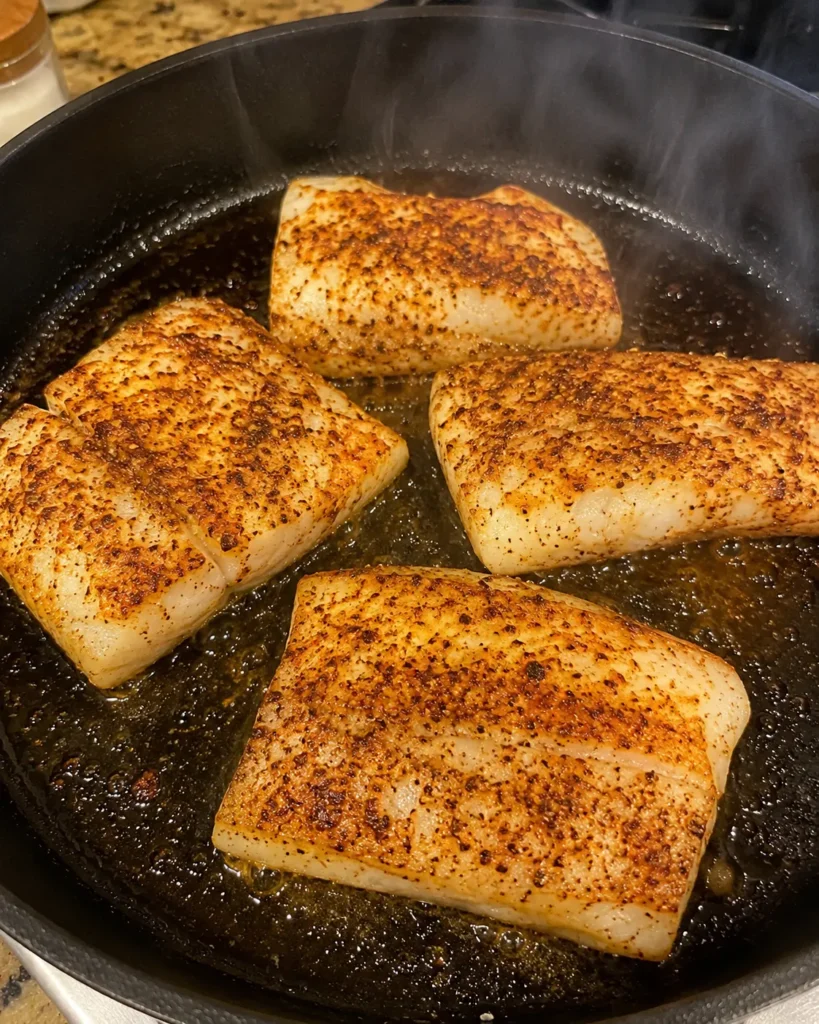 Searing seasoned cod for Cod Fish Tacos in a skillet