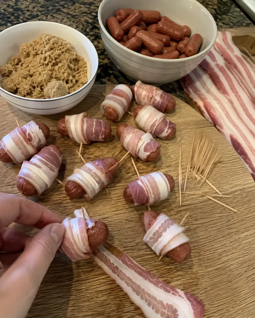 Wrapping bacon around little smokies for this Bacon Wrapped Little Smokies Recipe