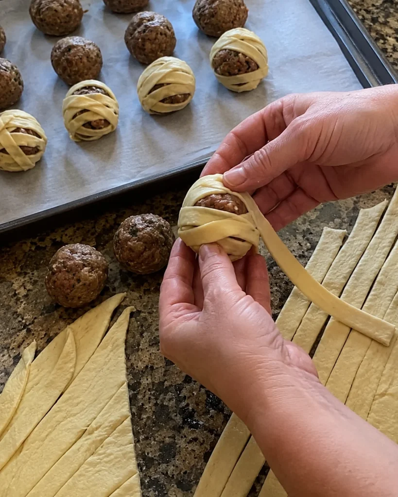Wrapping crescent dough strips around meatballs for Halloween Mummy Meatballs