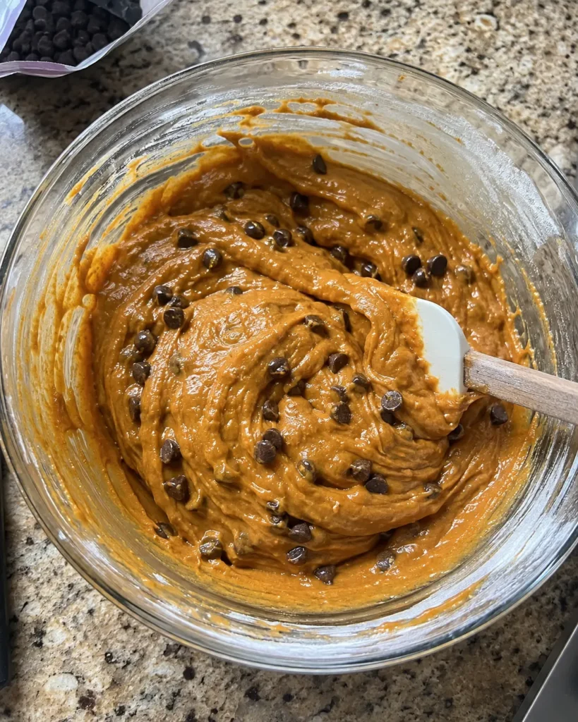 Folding chocolate chips into Chocolate Chip Pumpkin Bread batter