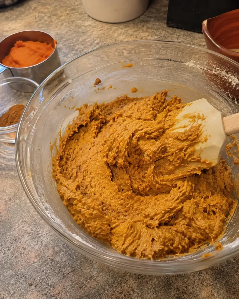 Mixing pumpkin cookie dough for Pumpkin Cookies with Cream Cheese Frosting