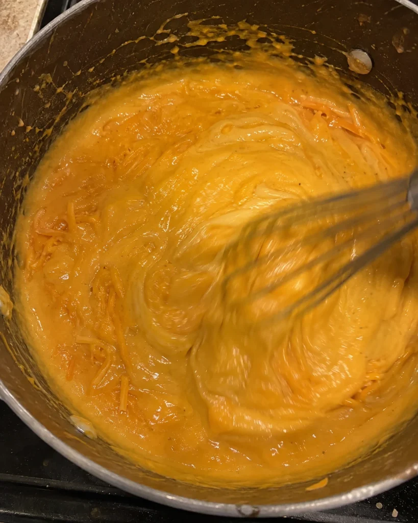 Whisking pumpkin puree into cheese sauce for Pumpkin Mac and Cheese
