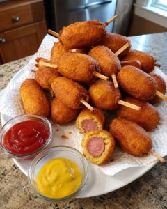 Mini Corn Dog Pops served with ketchup and mustard on a plate