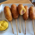 Close-up of Mini Corn Dog Pops showing the crispy cornmeal coating