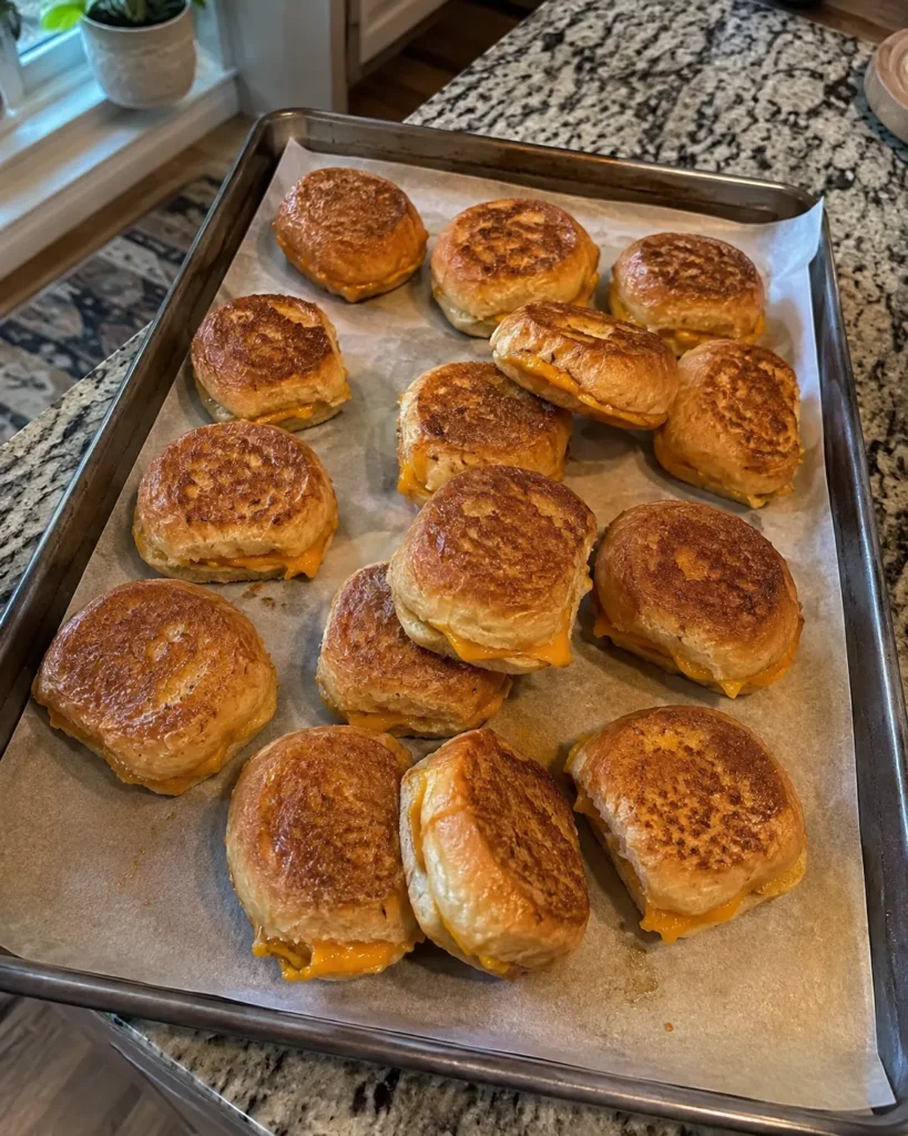 A baking sheet of golden mini grilled cheese for school fresh out of the oven