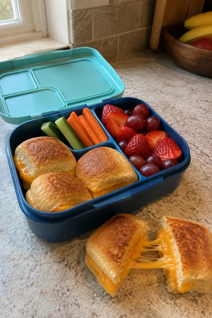 Mini grilled cheese for school packed in a kid's lunchbox with fruit