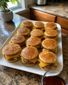 Mini Pancake Sandwich Sliders stacked on a platter with maple syrup