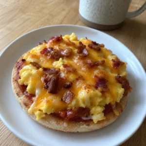 Muffin Breakfast Pizza with scrambled eggs bacon and melted cheese on a parchment-lined baking sheet