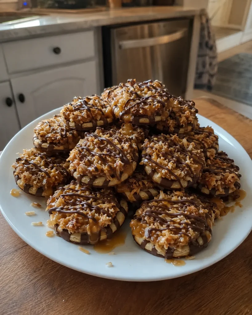 A plate of No-Bake Samoa Cookies topped with caramel, toasted coconut, and chocolate drizzle