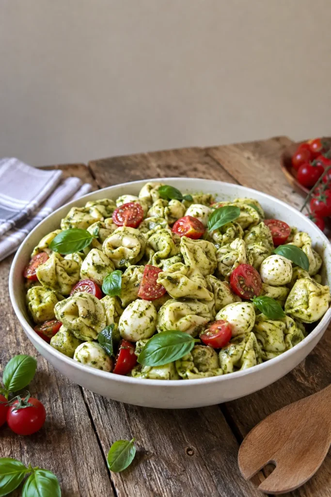 Easy Pesto Tortellini Pasta Salad served in a bowl for a summer potluck