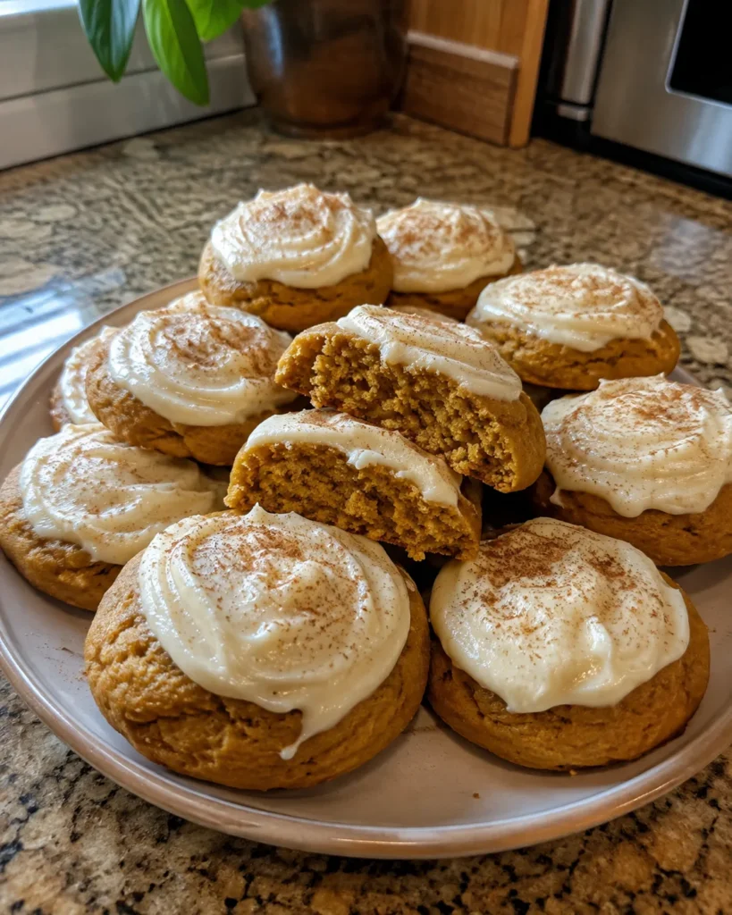 A plate of Pumpkin Cookies with Cream Cheese Frosting topped with a light cinnamon dusting