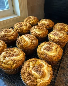 Pumpkin Cream Cheese Muffins cooling on a wire rack with streusel topping Title: Pumpkin Cream Cheese Muffins