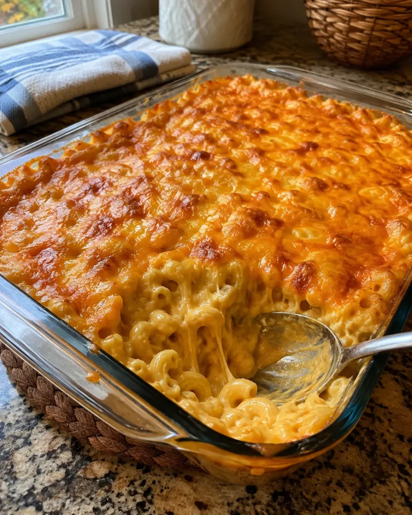 Pumpkin Mac and Cheese in a baking dish with a golden bubbly cheese topping