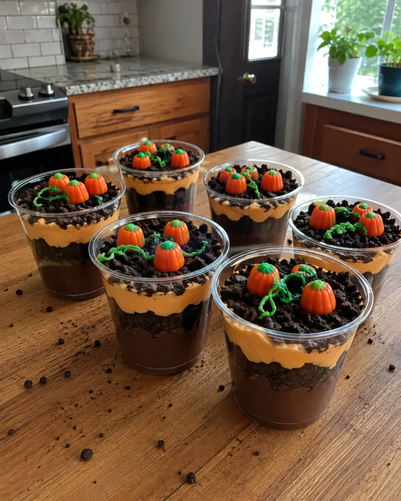 Pumpkin Patch Dirt Cups with layers of chocolate pudding and candy pumpkins Title: Pumpkin Patch Dirt Cups