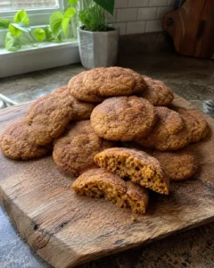 Pumpkin Spice Cookies stacked on a wooden board with cinnamon sugar coating