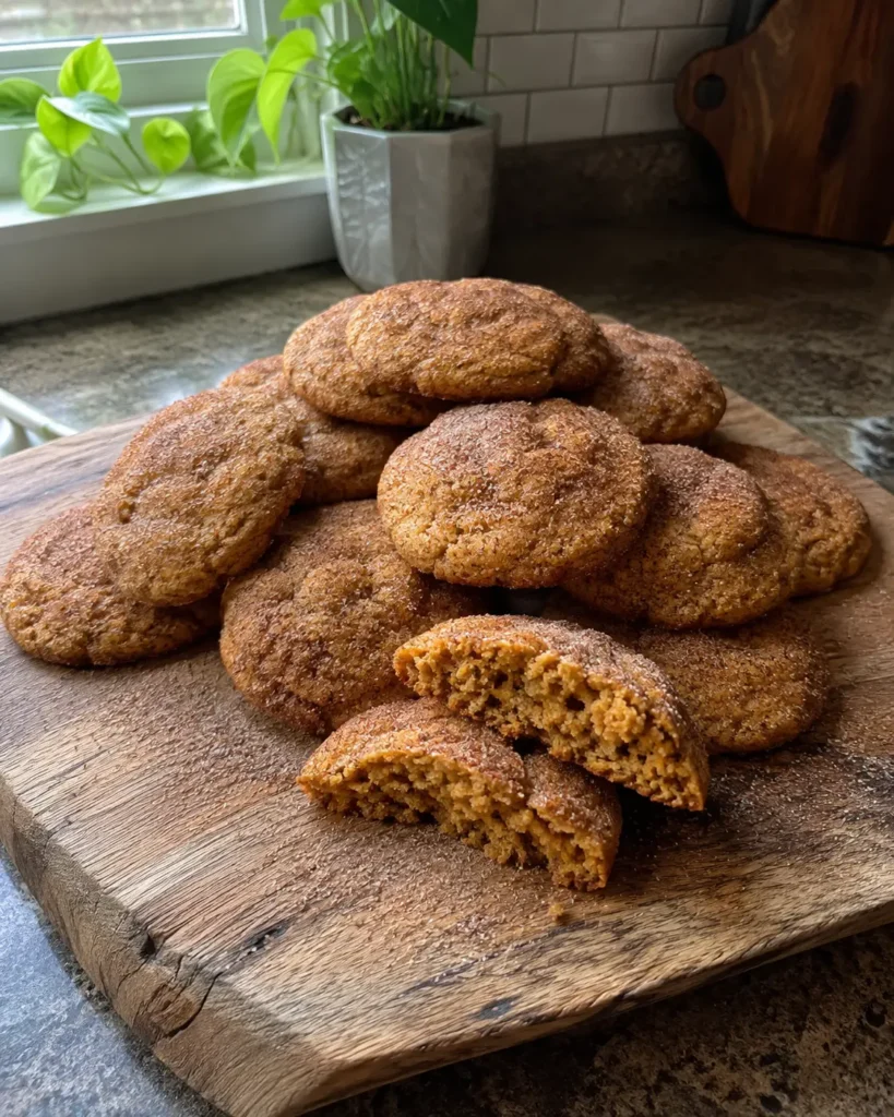 Pumpkin Spice Cookies stacked on a wooden board with cinnamon sugar coating
