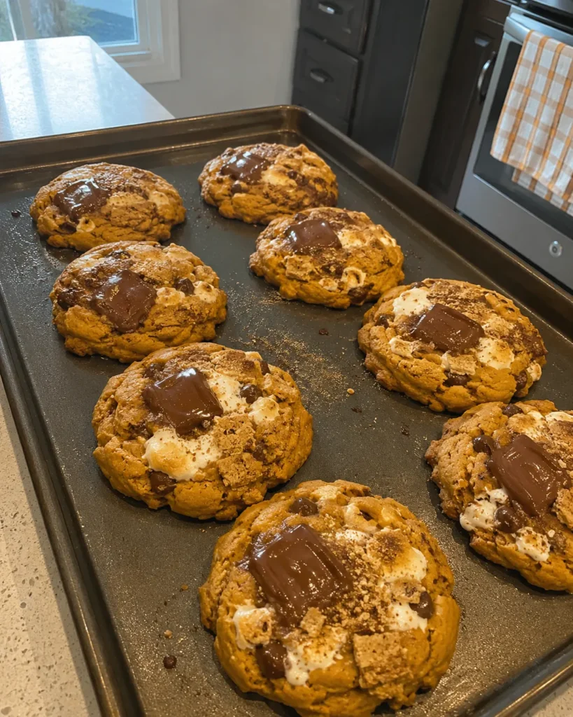 Pumpkin S'mores Cookies fresh out of the oven with melted chocolate and marshmallow
