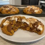 A Pumpkin S'mores Cookie broken in half showing the soft, chewy center