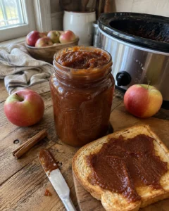 Slow Cooker Apple Butter spread on toast next to a jar of apple butter