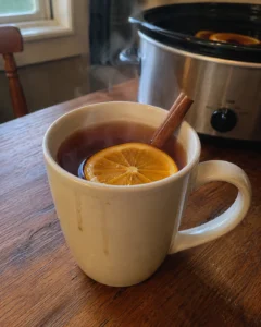 Slow Cooker Apple Cider served warm in a mug with cinnamon stick