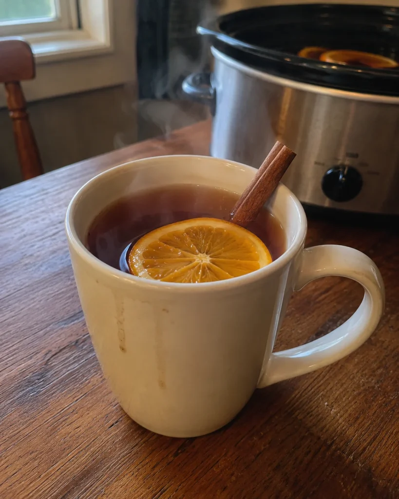 Slow Cooker Apple Cider served warm in a mug with cinnamon stick