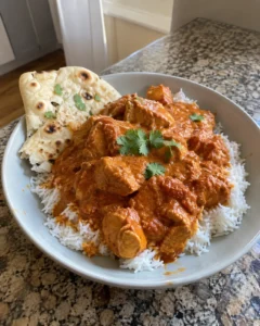 Slow Cooker Indian Butter Chicken served over basmati rice with naan