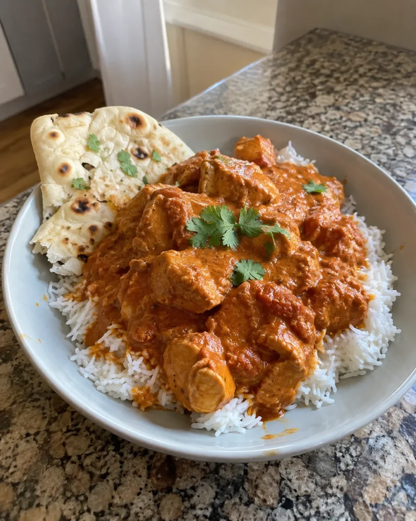 Slow Cooker Indian Butter Chicken served over basmati rice with naan