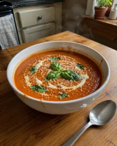 Bowl of creamy Tomato Basil Soup garnished with fresh basil and parmesan