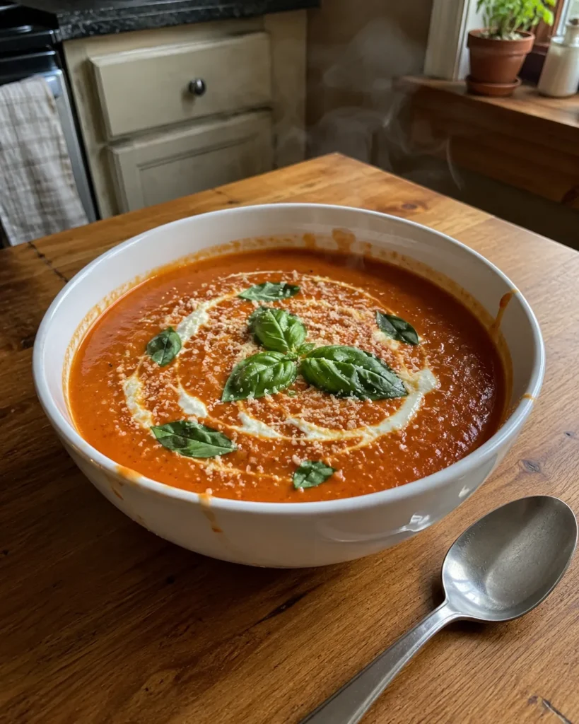 Bowl of creamy Tomato Basil Soup garnished with fresh basil and parmesan