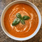 Close-up of Tomato Basil Soup in a white bowl for the recipe card