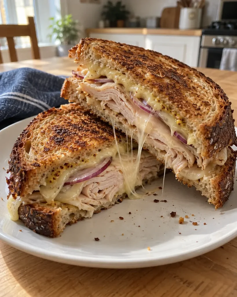 15-Minute Turkey Dijon Melt Sandwich cut in half on a white plate showing melted Swiss cheese and deli turkey