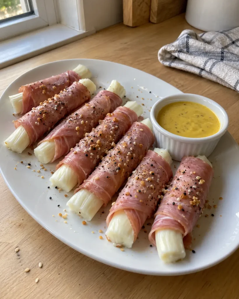 5-Minute Ham & Cheese Sticks arranged on a white serving plate with honey mustard dipping sauce