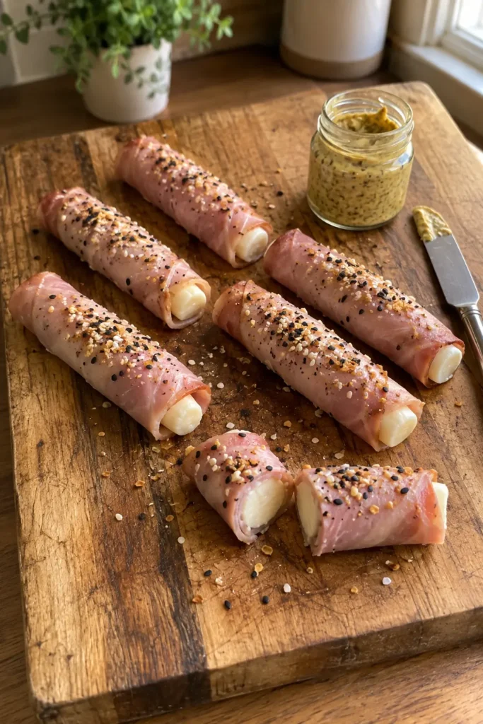 Ham and cheese sticks on a wooden cutting board with one stick cut in half showing the mozzarella center