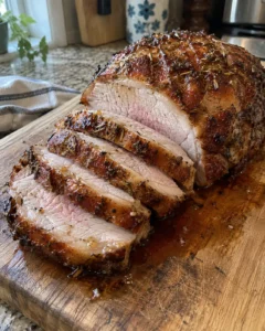 Air Fryer Pork Loin sliced on a wooden board with pan juices