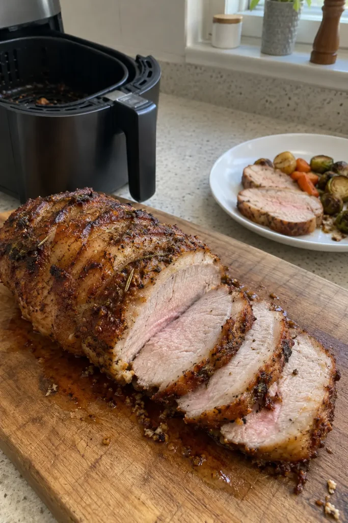 Sliced Air Fryer Pork Loin on a board beside an open air fryer basket