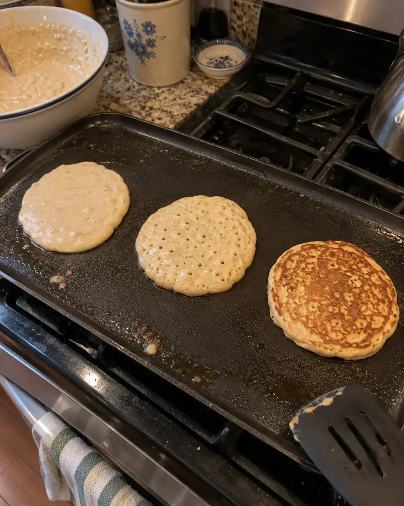 Apple cider pancakes cooking on a griddle showing bubbles forming before flipping