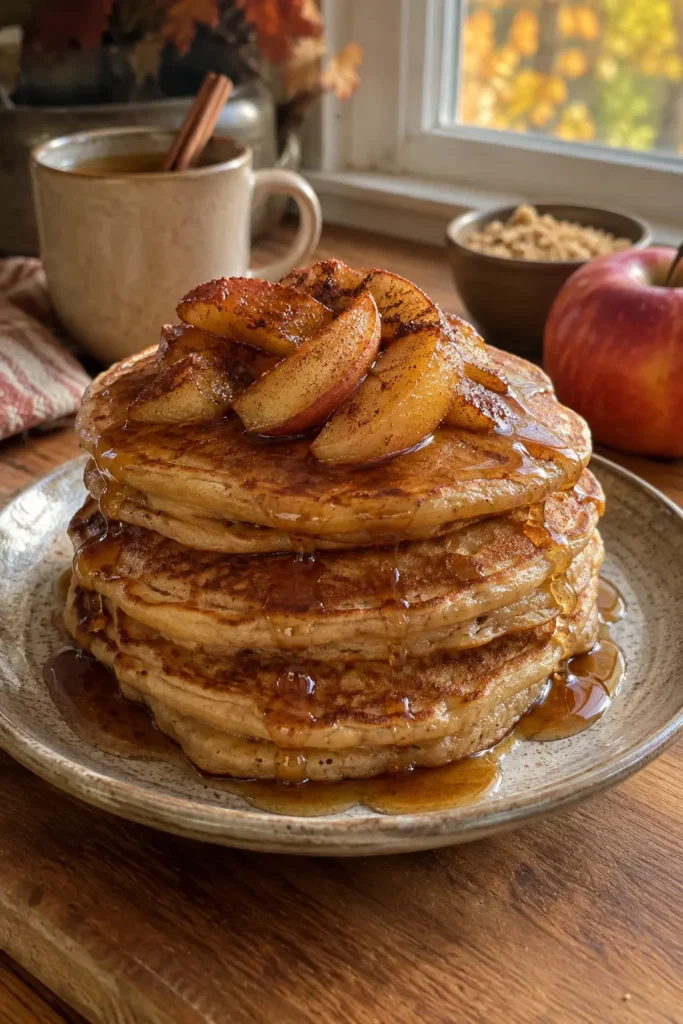 Tall stack of apple cider pancakes with caramelized apples and cinnamon for a cozy fall breakfast