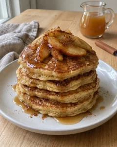 Stack of fluffy apple cider pancakes topped with caramelized apples and maple syrup on a white plate
