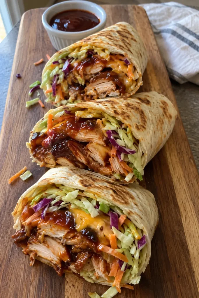 Three BBQ Chicken & Crunchy Coleslaw Wraps halves on a wooden cutting board with a side of BBQ sauce
