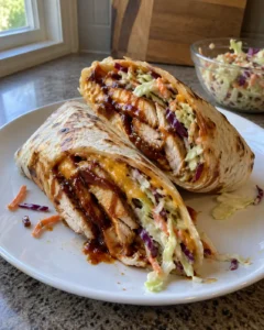 BBQ Chicken & Crunchy Coleslaw Wraps sliced in half on a white plate showing glazed chicken and colorful slaw