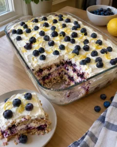 Blueberry lemon icebox cake in a glass baking dish topped with whipped cream and fresh blueberries with one slice removed Title: Blueberry Lemon Icebox Cake